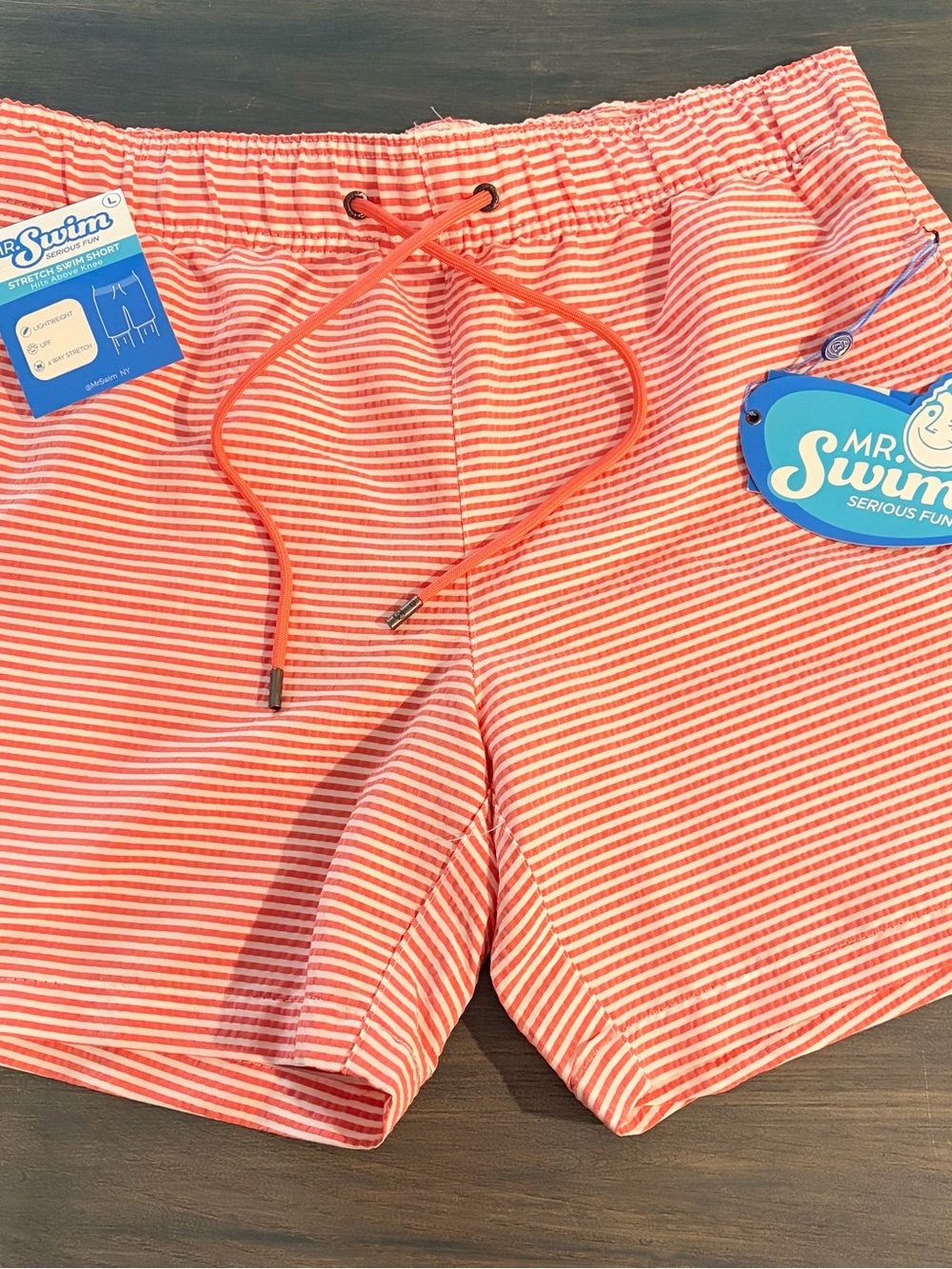 NWT. Mr.Swim Coral and White Striped Swim Shorts. Size Large.